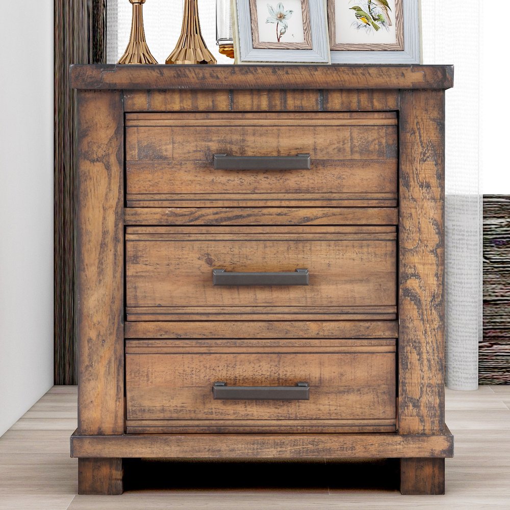 Set of Two 26" Walnut Solid Wood Distressed Three Drawer Nightstand