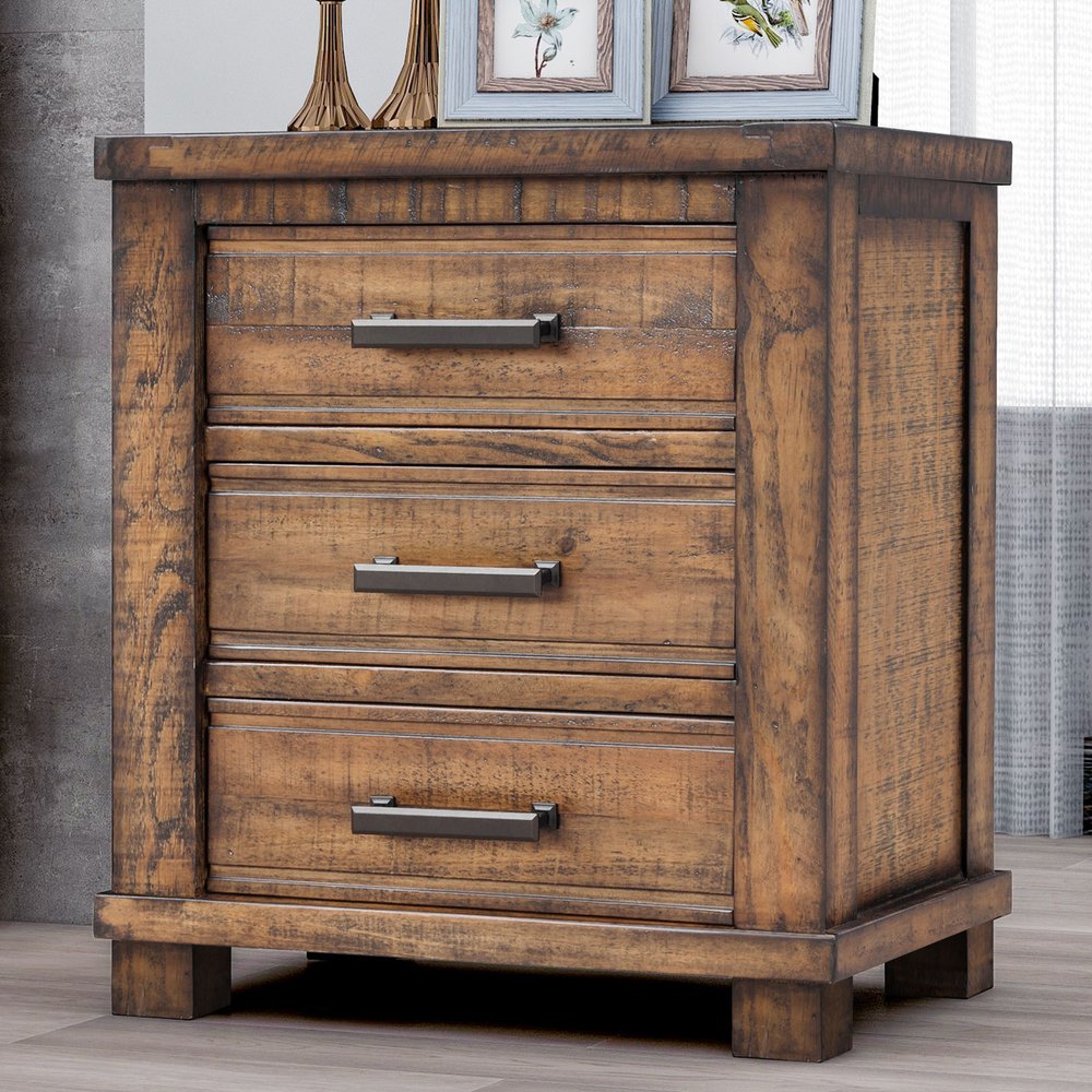 Set of Two 26" Walnut Solid Wood Distressed Three Drawer Nightstand