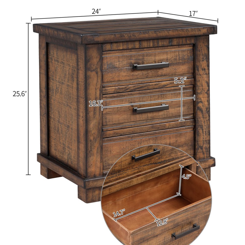 Set of Two 26" Walnut Solid Wood Distressed Three Drawer Nightstand