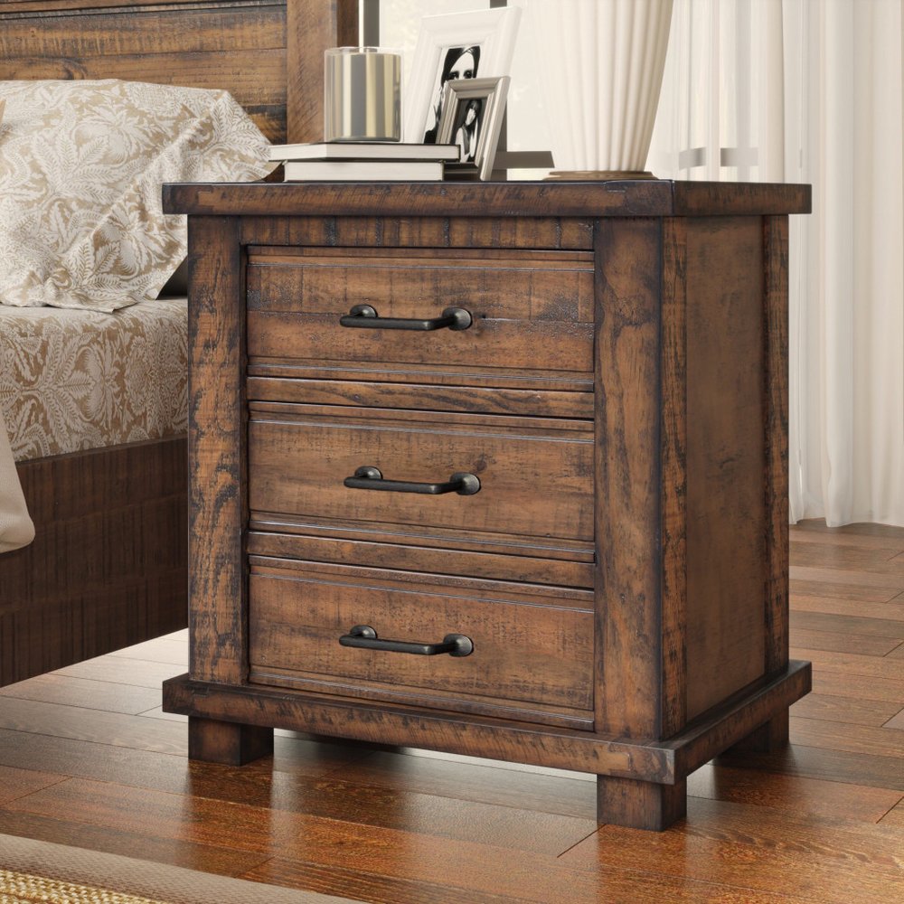 26" Walnut Wood Distressed Three Drawer Nightstand
