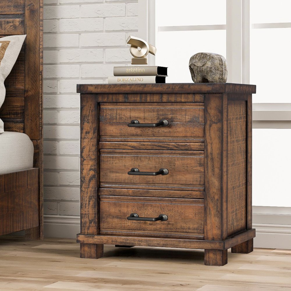 26" Walnut Wood Distressed Three Drawer Nightstand