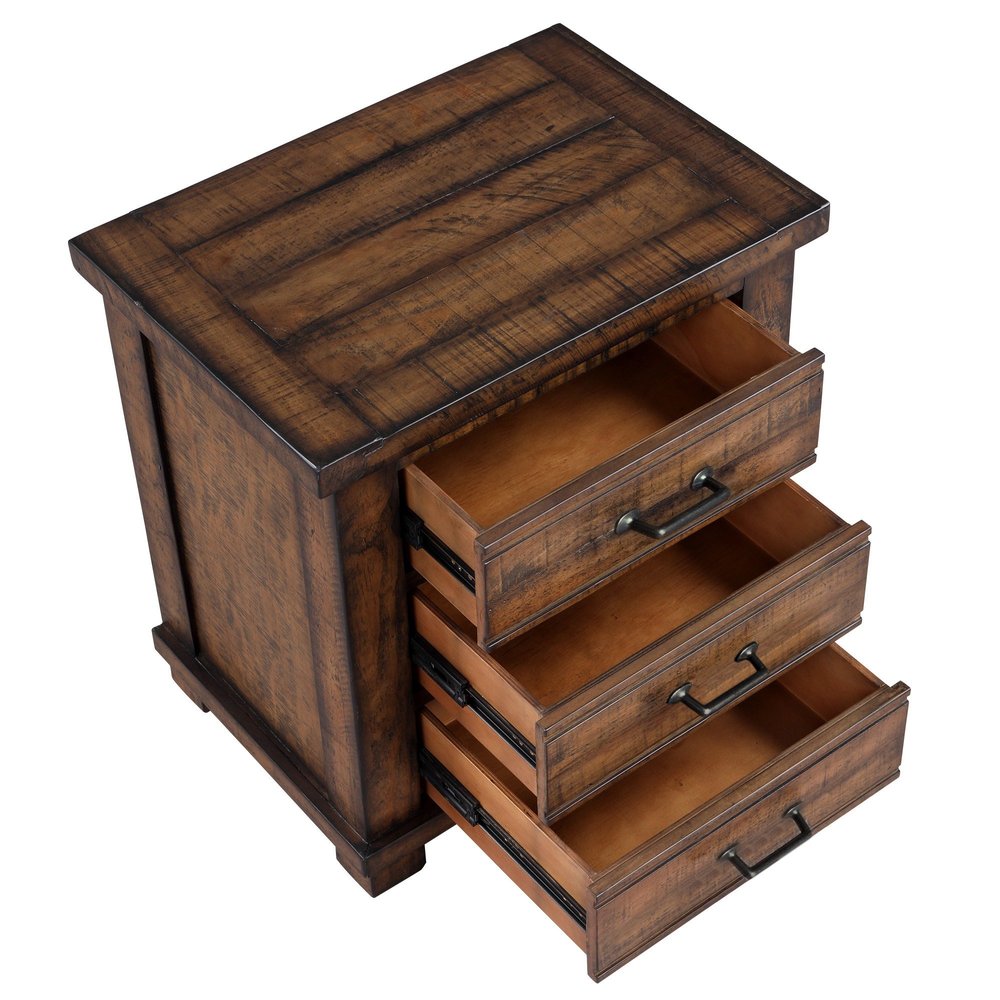 26" Walnut Wood Distressed Three Drawer Nightstand