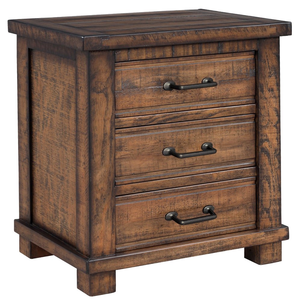 26" Walnut Wood Distressed Three Drawer Nightstand