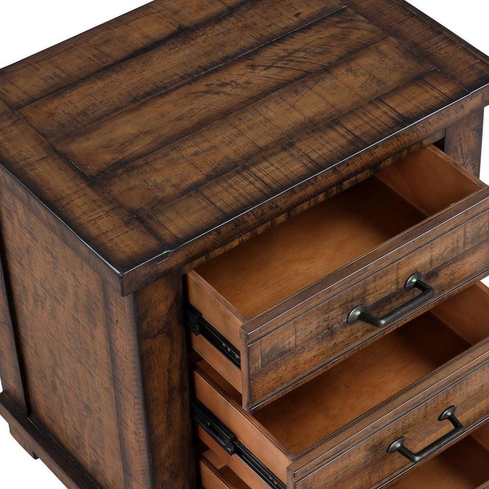 26" Walnut Wood Distressed Three Drawer Nightstand