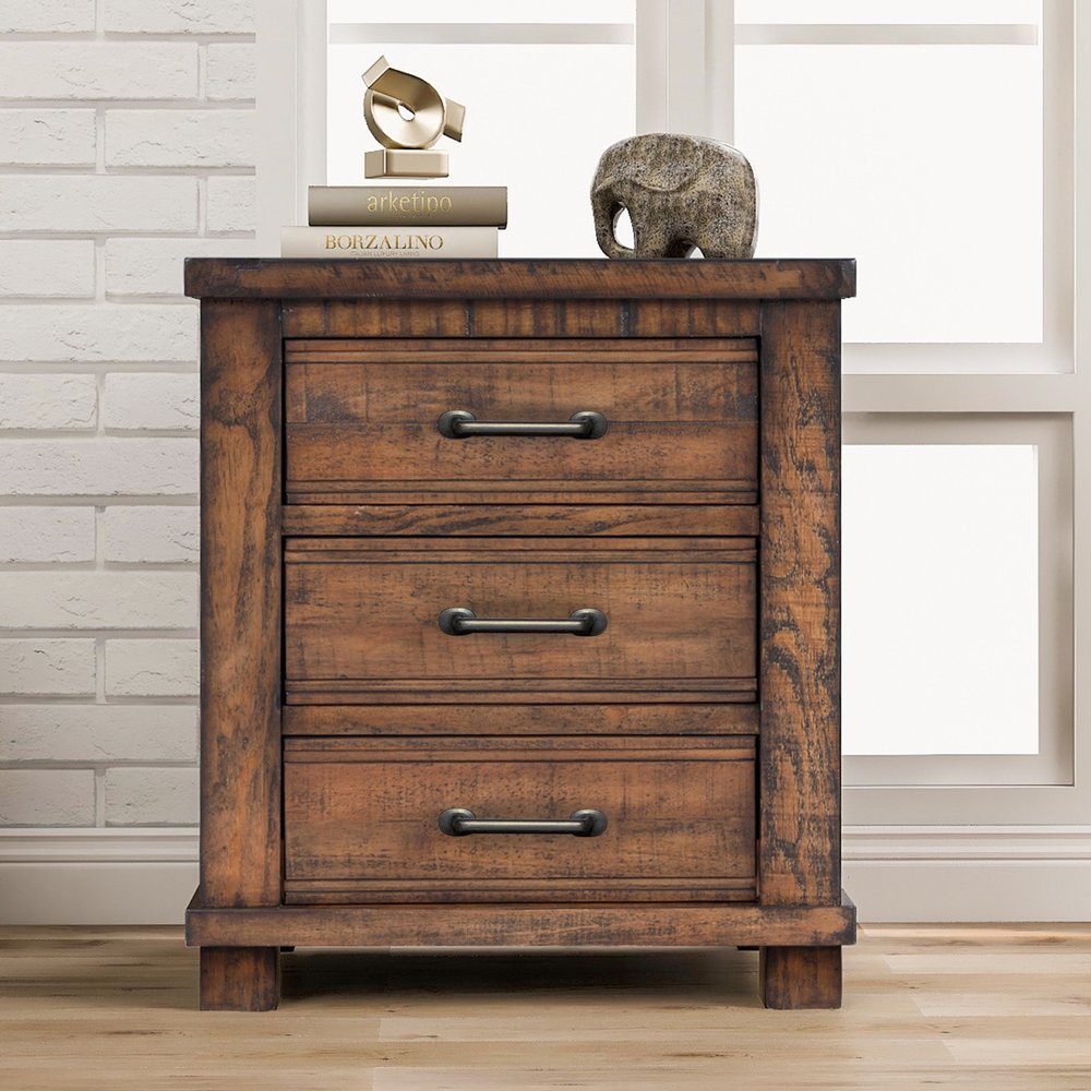 26" Walnut Wood Distressed Three Drawer Nightstand