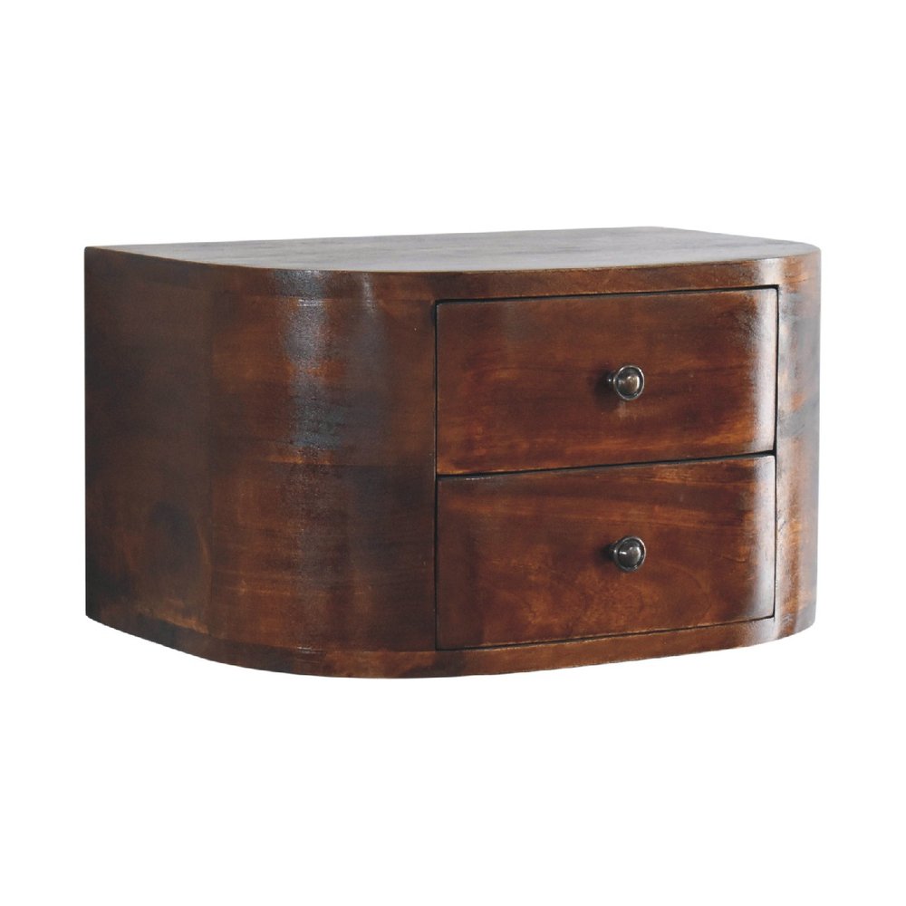 18" Brown Solid Wood Round Two Drawer Floating Nightstand