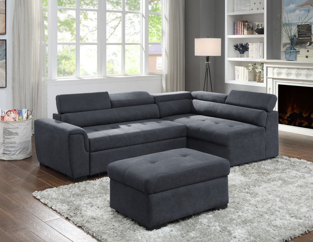 Couch.com Haris Fabric Sleeper Sofa Sectional With Adjustable Headrest And Storage Ottoman Dark Gray, Adjustable, with Storage, Modern Style, Fabric Construction, Dark Gray Finish by Couch.com