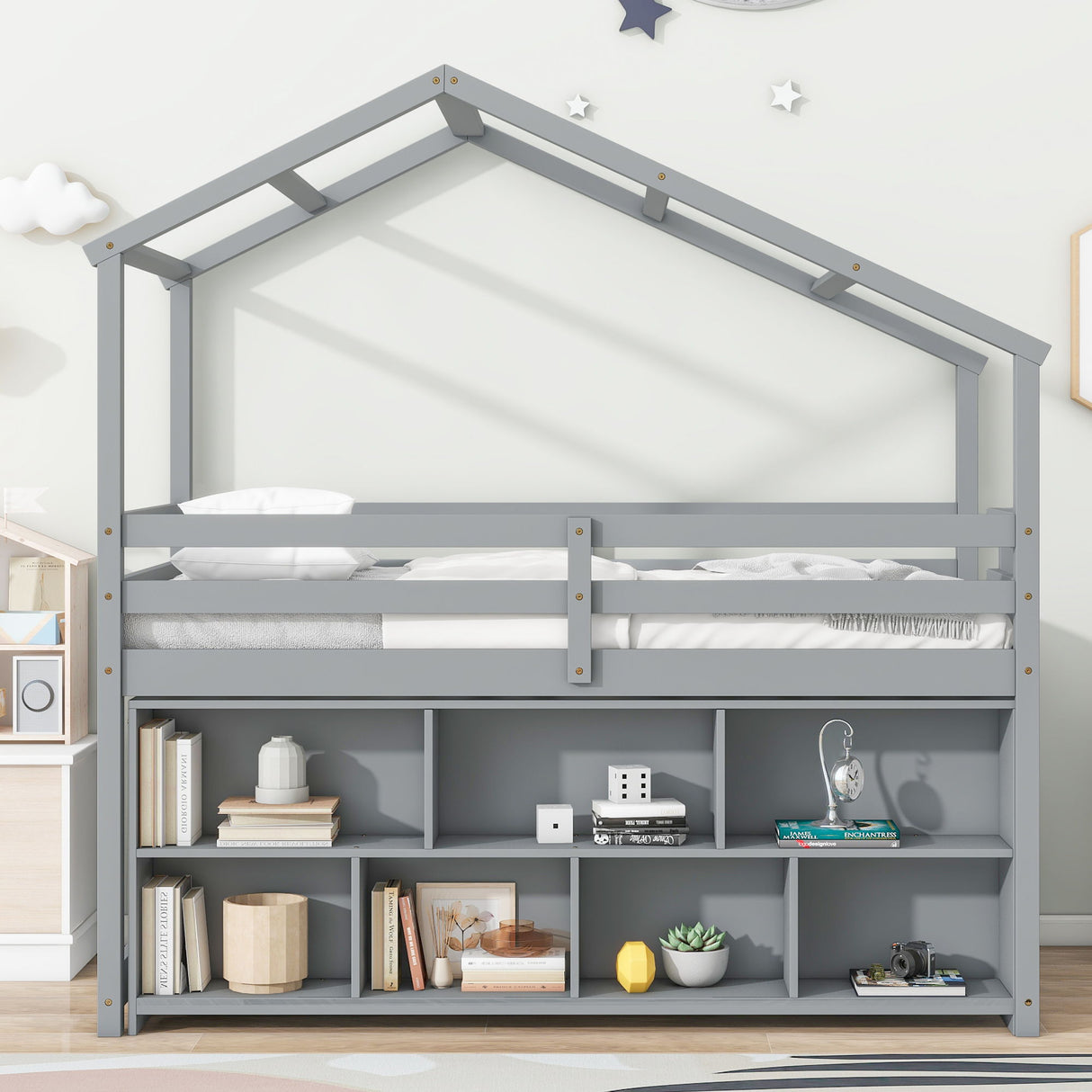 House Loft Bed With Roof Frame, Under Bed Shelving Storage Unit, Guardrails, Ladder by Couch.com