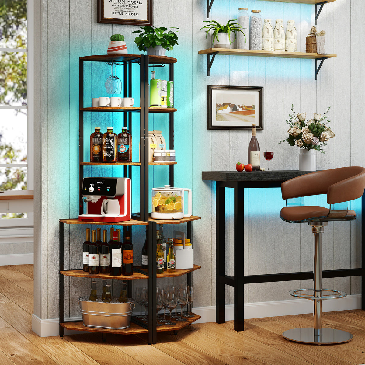 65 Inch 6-Tier Corner Shelf with Charging Station and Ambience Light-Rustic Brown