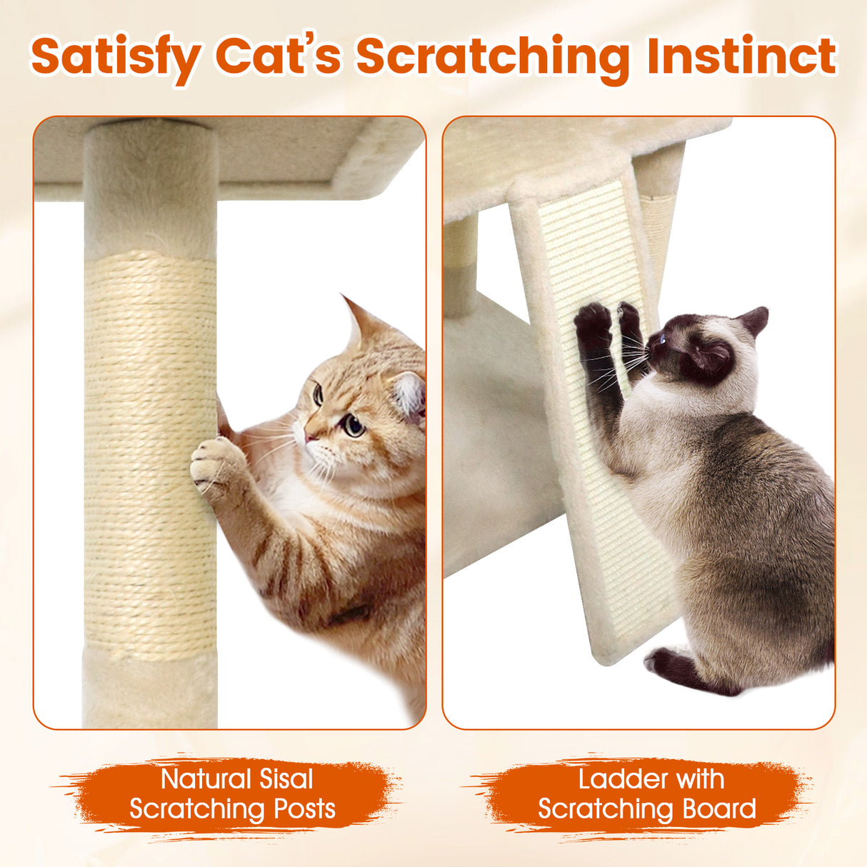 65 Inch Tall Multi-level Cat Tree with 3 Upholstered Perch and 2 Cat Condos-Beige