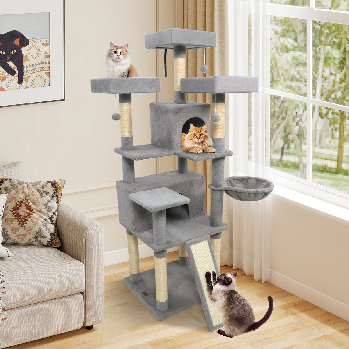 65 Inch Tall Multi-level Cat Tree with 3 Upholstered Perch and 2 Cat Condos-Light Gray
