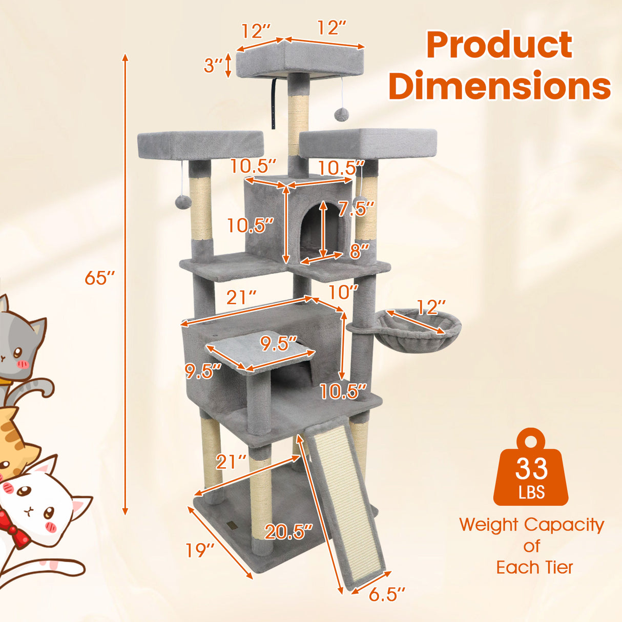 65 Inch Tall Multi-level Cat Tree with 3 Upholstered Perch and 2 Cat Condos-Light Gray