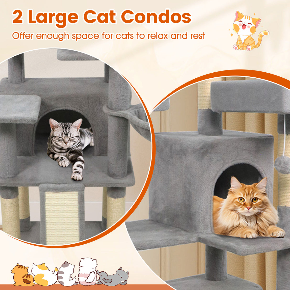 65 Inch Tall Multi-level Cat Tree with 3 Upholstered Perch and 2 Cat Condos-Light Gray