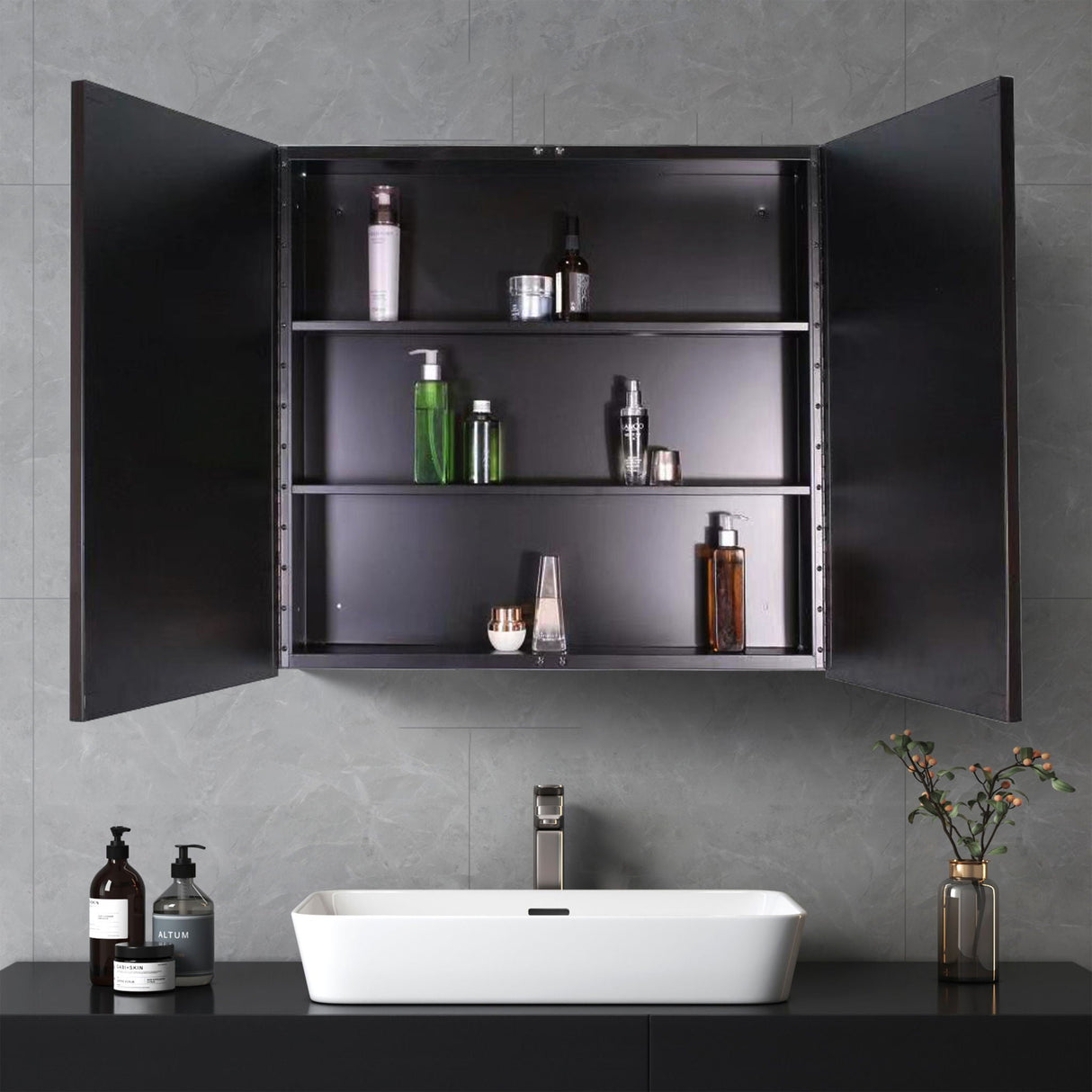 26X30" Black Metal Framed Wall Mount Or Recessed Bathroom Medicine Cabinet With Mirror - Black by Couch.com
