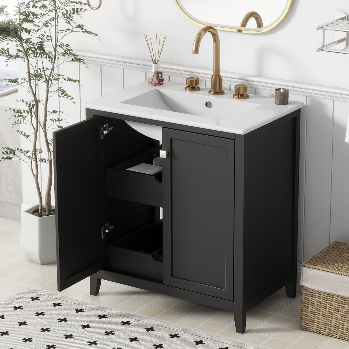 Freestanding Bathroom Vanity Combo With Ceramic Sink Shaker Style Vanities 2 Doors And 2 Drawers - Black by Couch.com