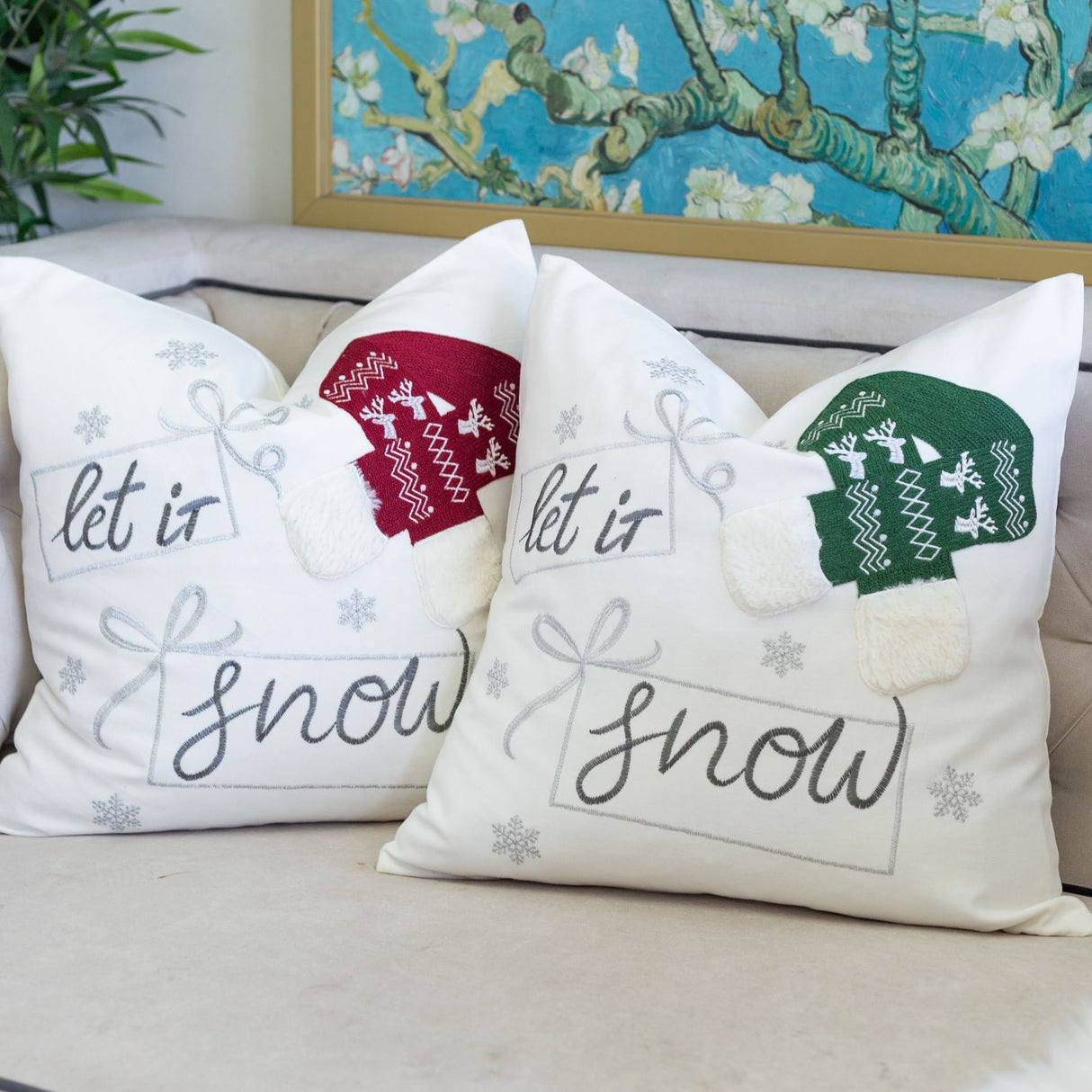 Let It Snow Christmas Throw Pillow 20x20 Cotton Cushion