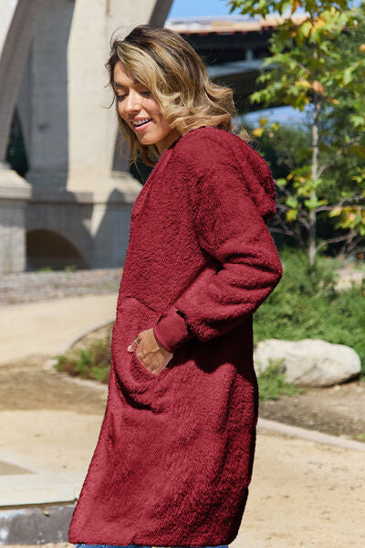 Red Double Take Full Size Hooded Teddy Bear Jacket with Thumbholes Ultra-Cozy & Stylish Comfortable Outerwear