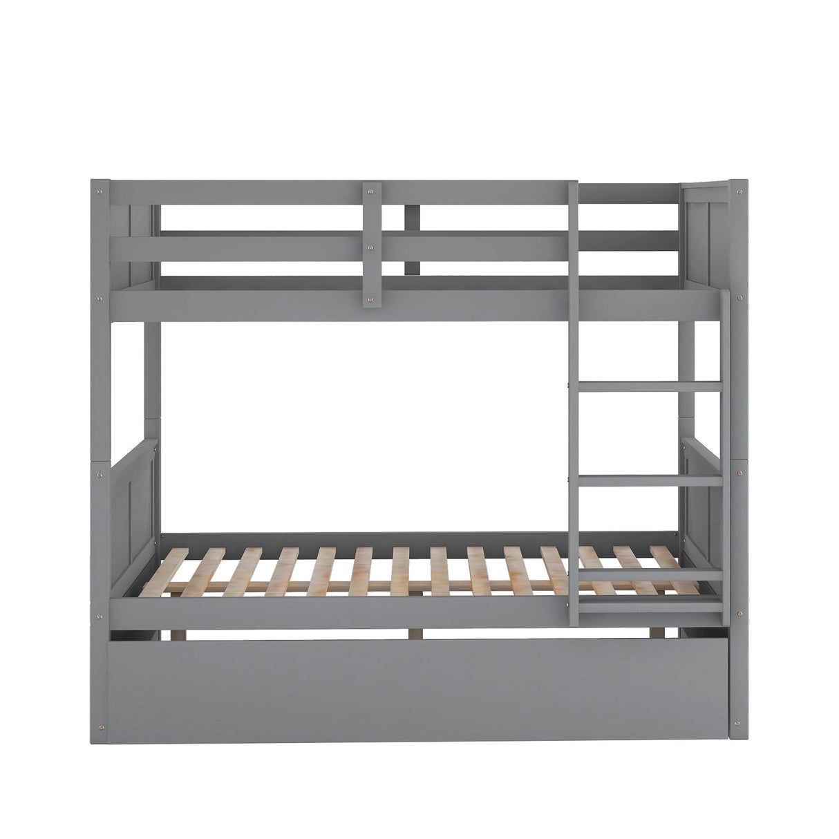 A gray wooden bunk bed with a right-side ladder, featuring a simple, modern design and slatted bases. It has no mattresses included and is shown against a white background. Product: Bunk Bed With Twin Size Trundle.