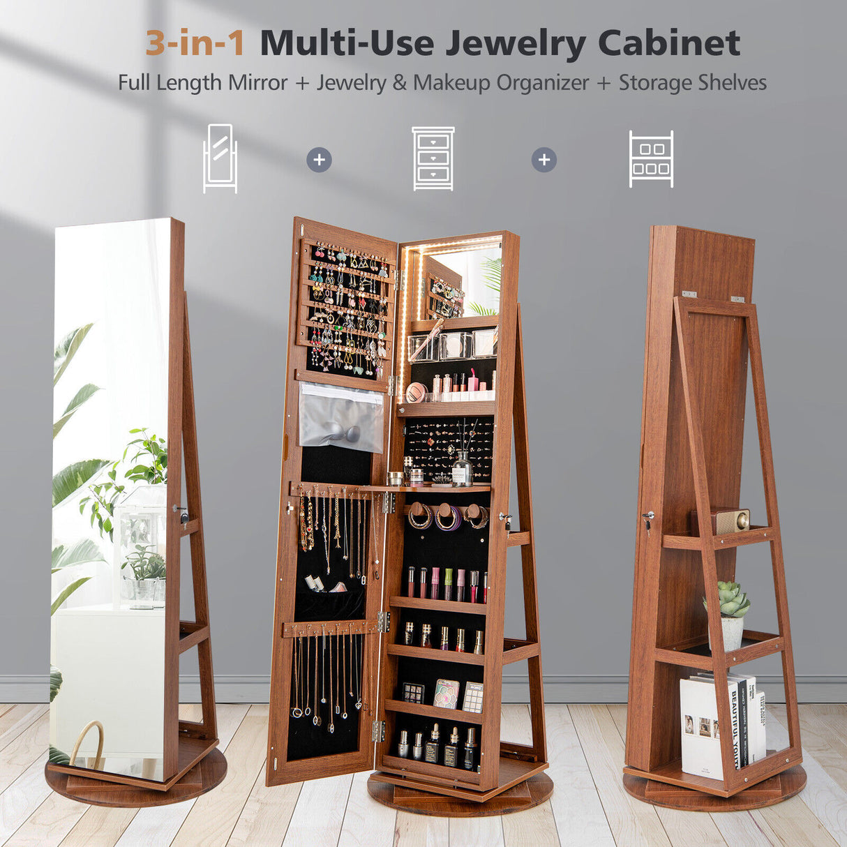 360 ° Rotating Mirrored Jewelry Cabinet Armoire 3 Color LED Modes Lockable-White