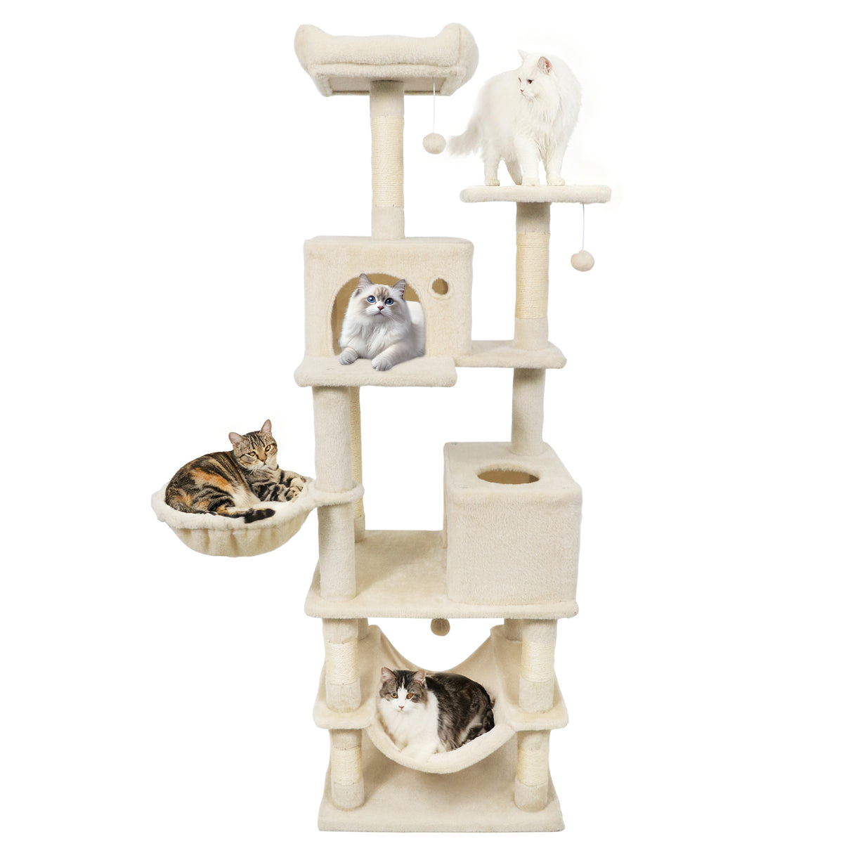 66 Inch Tall Cat Tree Multi-Level Cat Tower with 2 Condos Sisal Scratching Posts-Beige