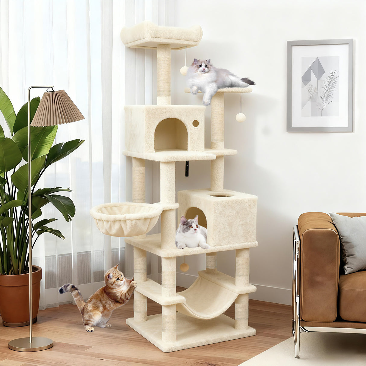 66 Inch Tall Cat Tree Multi-Level Cat Tower with 2 Condos Sisal Scratching Posts-Beige