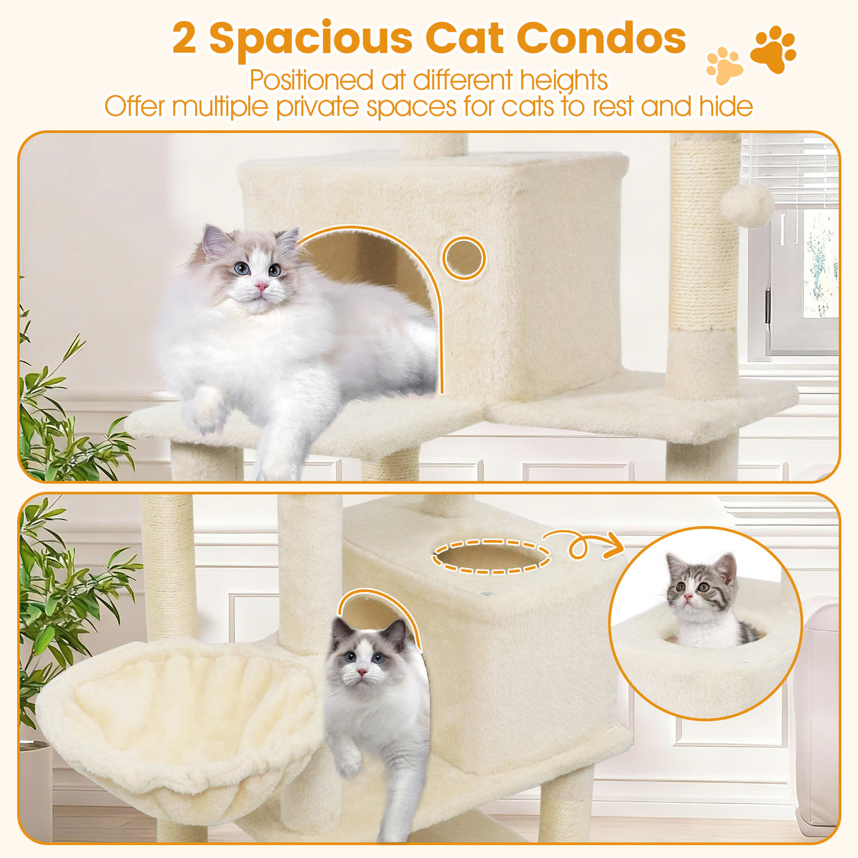 66 Inch Tall Cat Tree Multi-Level Cat Tower with 2 Condos Sisal Scratching Posts-Beige