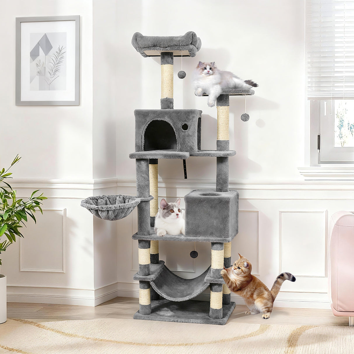 66 Inch Tall Cat Tree Multi-Level Cat Tower with 2 Condos Sisal Scratching Posts-Light Gray