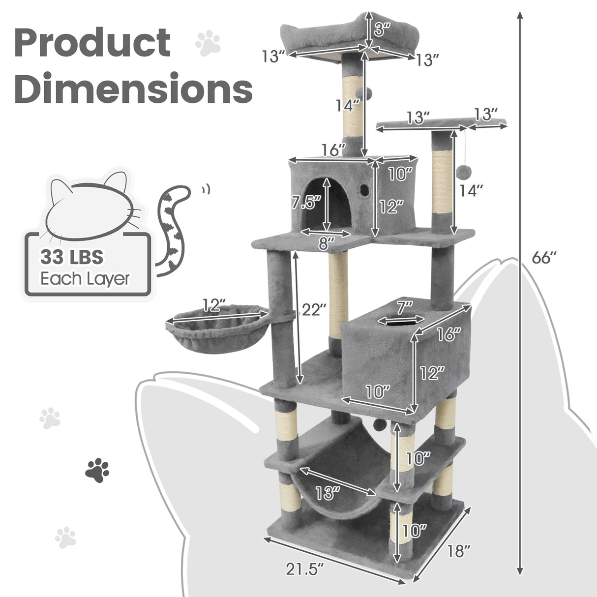 66 Inch Tall Cat Tree Multi-Level Cat Tower with 2 Condos Sisal Scratching Posts-Light Gray