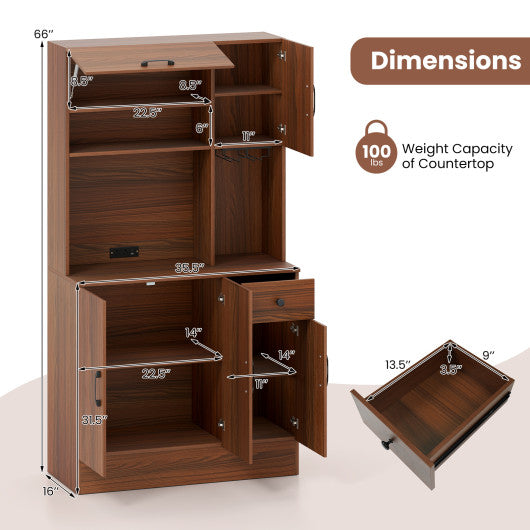 66 inch Pantry Cabinet with Charging Station and Microwave Stand-Brown