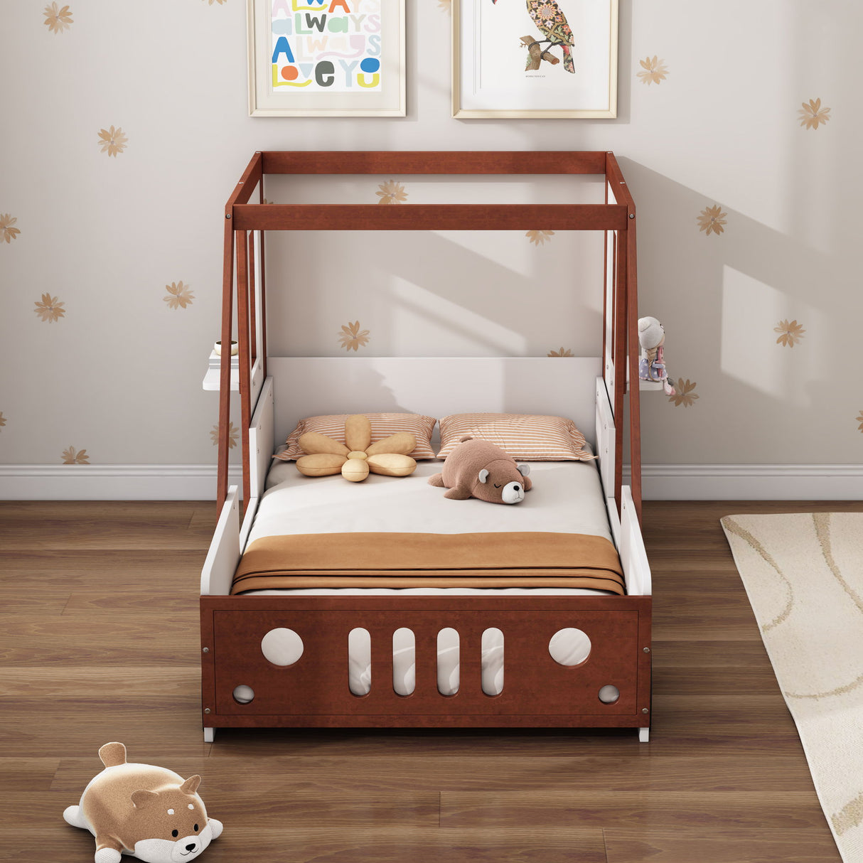 Fun Play Design Twin Size Car Bed, Kids Platform Bed In Car Shaped For Kids Boys Girls Teens - White / Orange by Couch.com