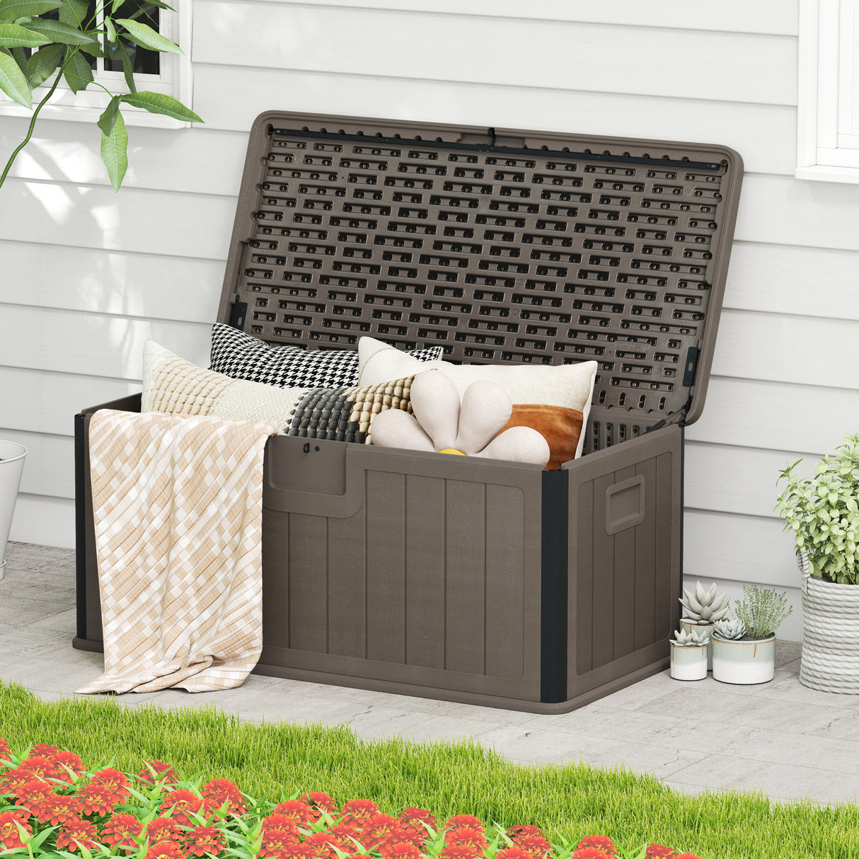 100 Gallon Large Deck Box with Lockable Lid for Patio-Brown