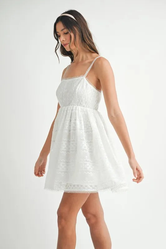 Eyelet Lace Babydoll Mini Cami Dress – Feminine Eyelet Lace Dress, Fluttering, Bohemian Babydoll Silhouette, Breezy Summer Dress, Casual Day Out Dress