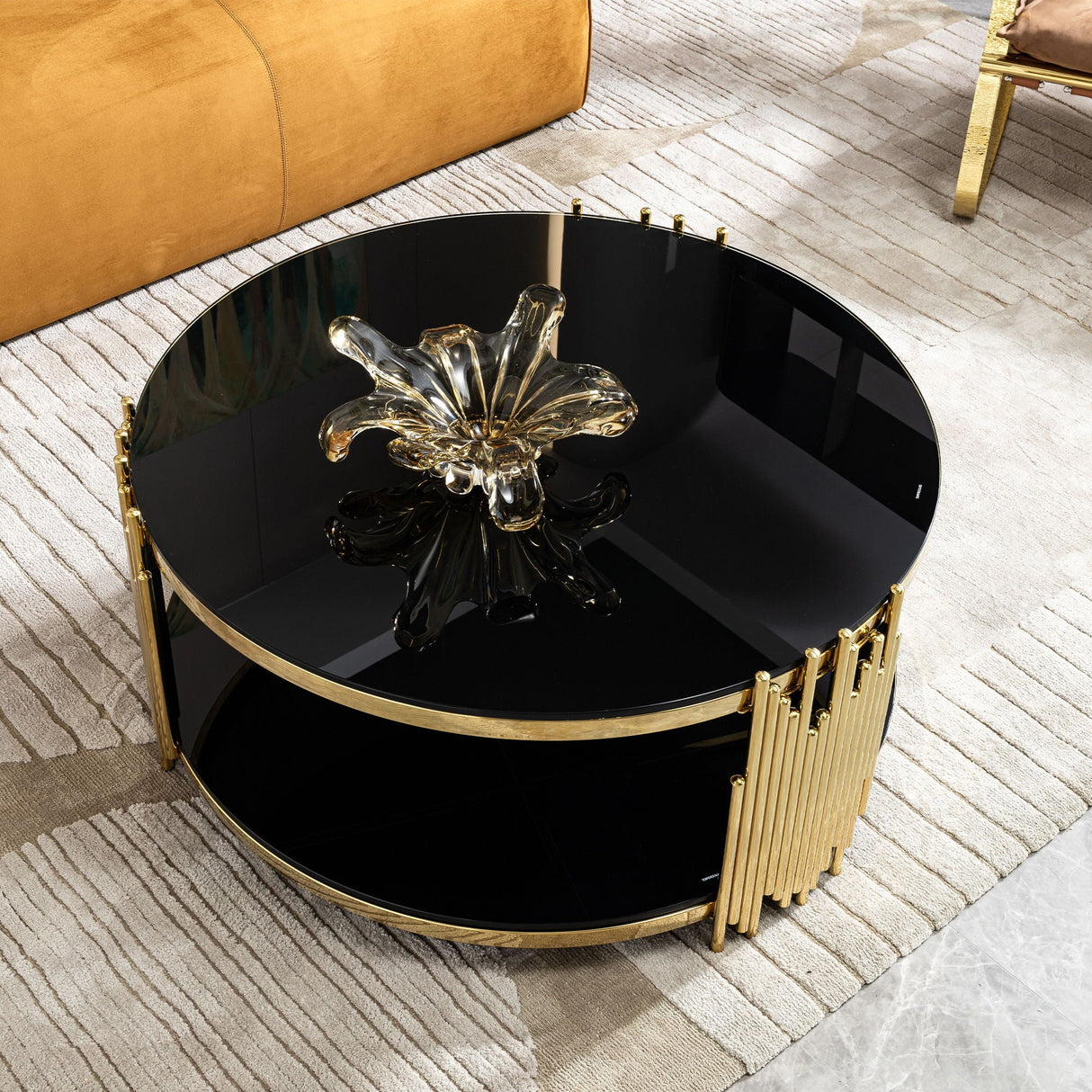 Double Layer Tempered Glass Top Stainless Steel Round Coffee Table For Living Room - Gold / Black by Couch.com