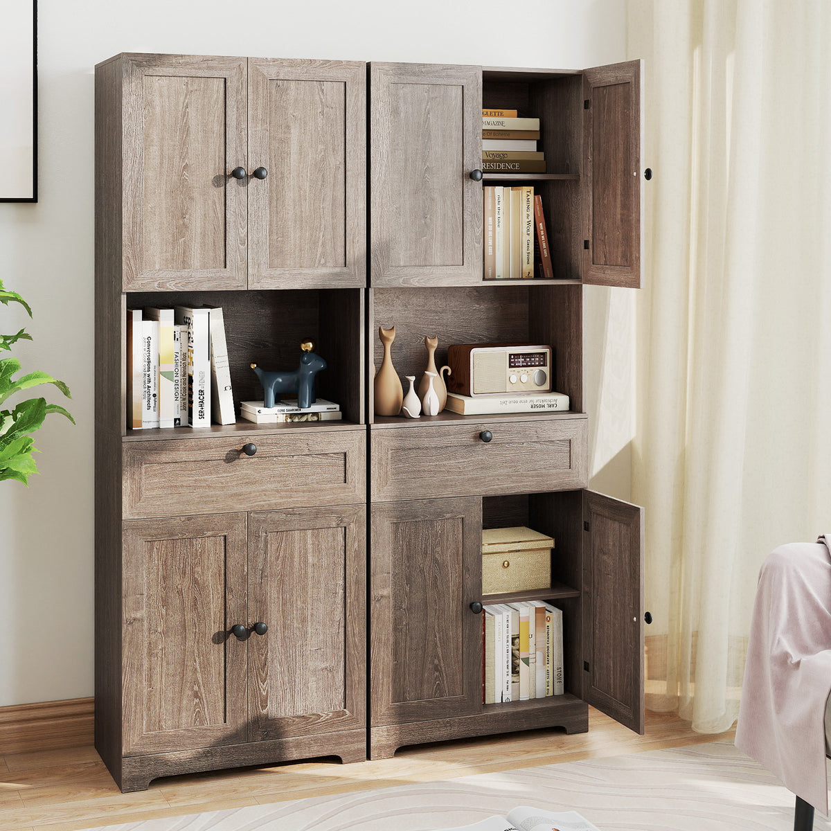 67.5 Inch Tall Modern Freestanding Floor Storage Cabinet with 4 Doors and 1 Drawer-Oak