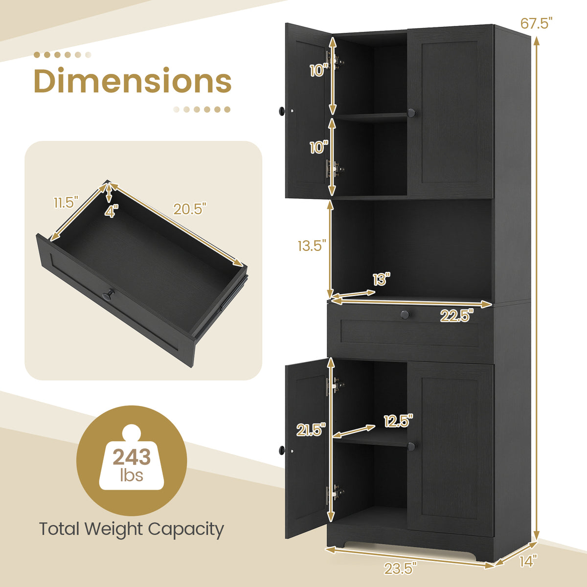 67.5 Inch Tall Modern Freestanding Floor Storage Cabinet with 4 Doors and 1 Drawer-Black