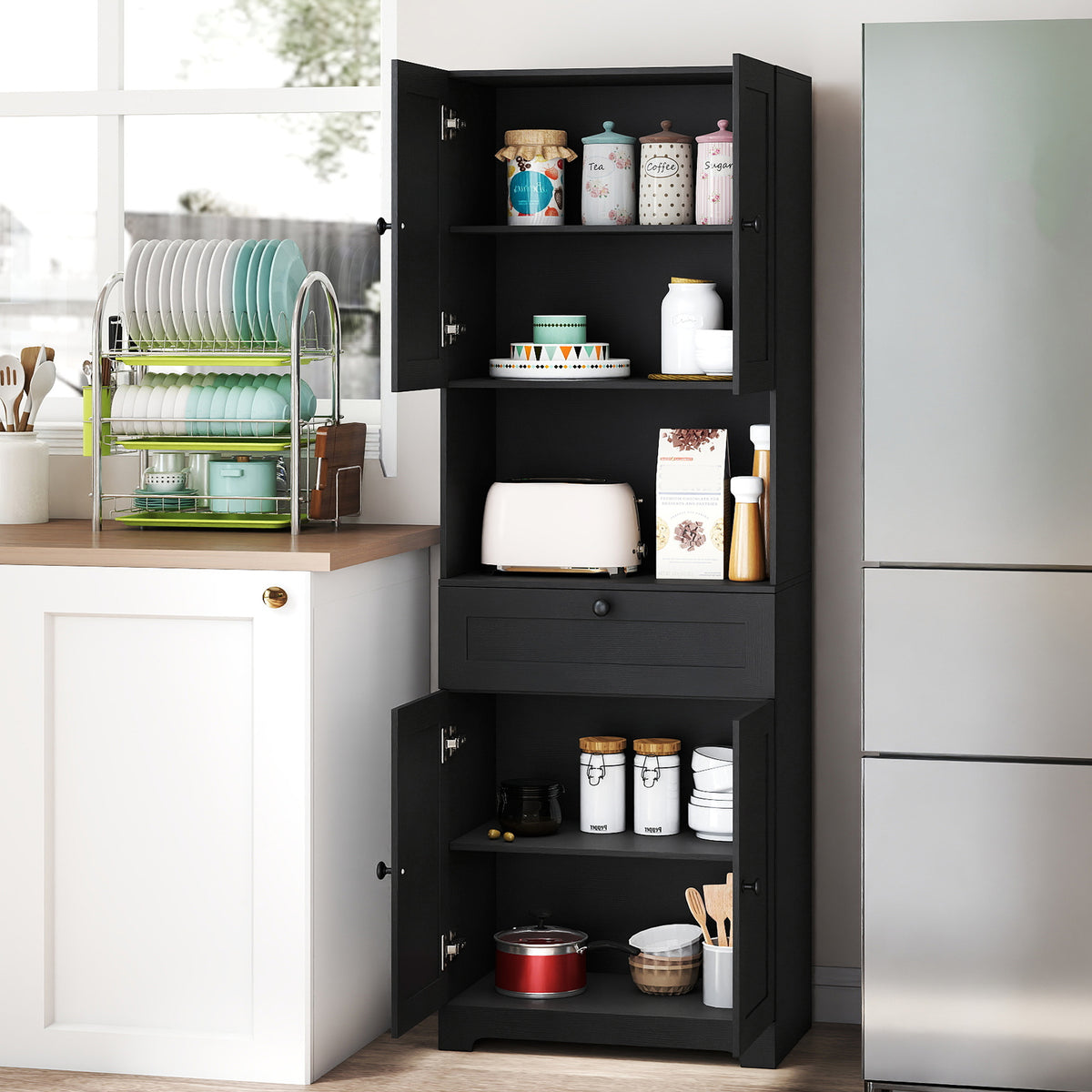 67.5 Inch Tall Modern Freestanding Floor Storage Cabinet with 4 Doors and 1 Drawer-Black