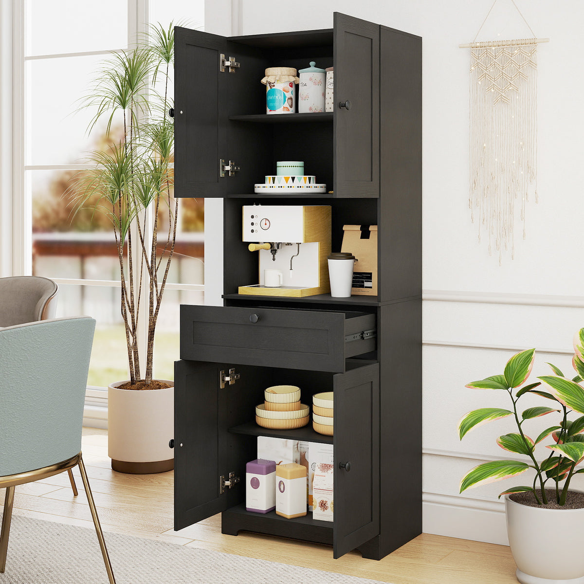 67.5 Inch Tall Modern Freestanding Floor Storage Cabinet with 4 Doors and 1 Drawer-Black