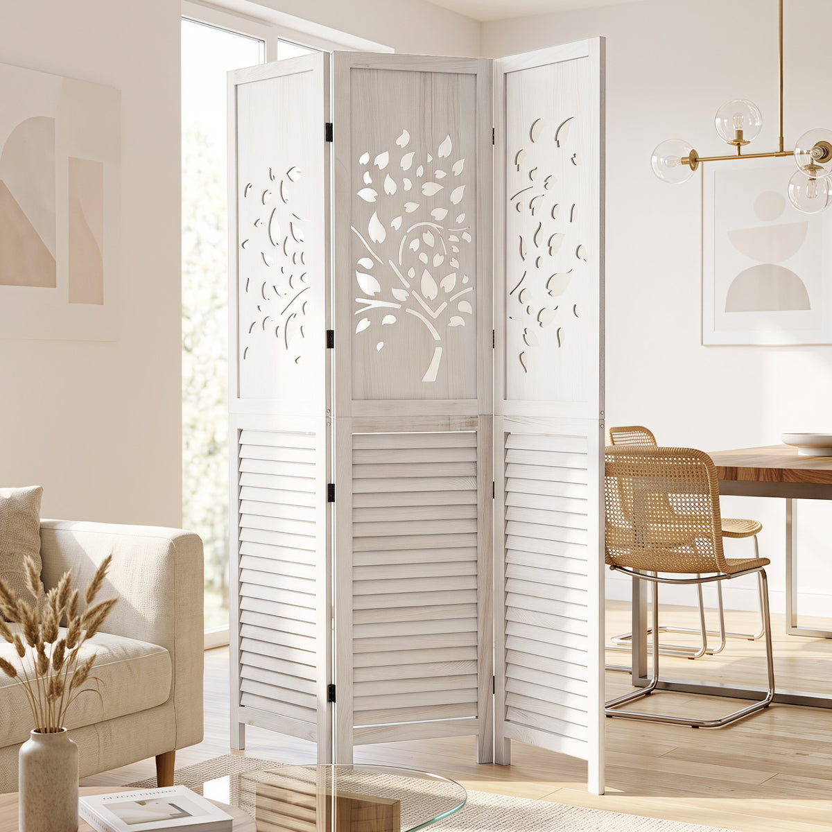67" Folding Room Divider 3 Panels with Tree Cutout & Louver Design for Room-White