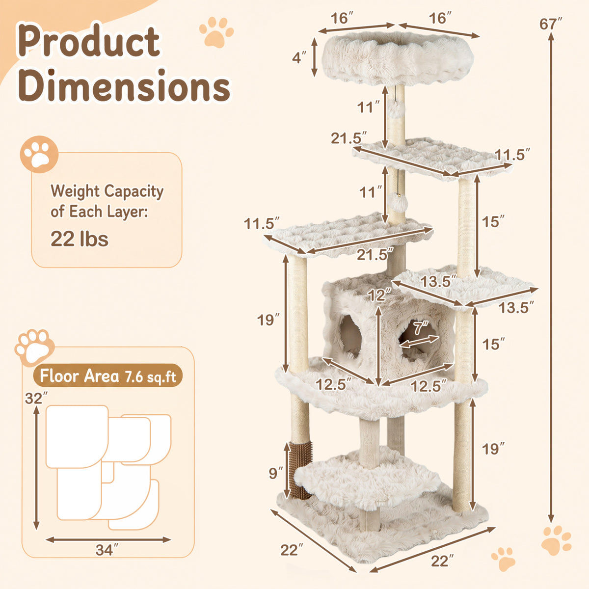 67 Inch Multi-level Cat Tree with Large Cat Condo and Padded Perch-Beige
