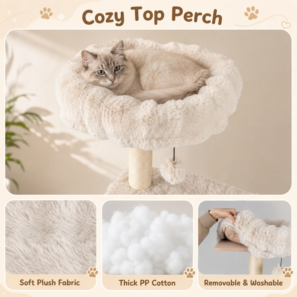 67 Inch Multi-level Cat Tree with Large Cat Condo and Padded Perch-Beige
