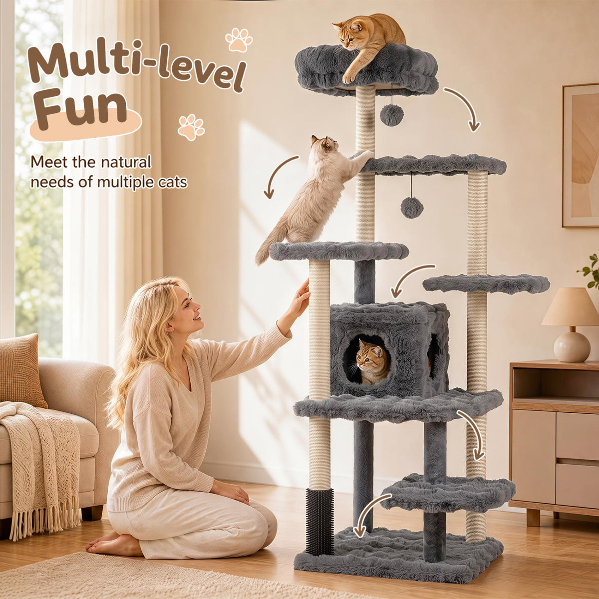 67 Inch Multi-level Cat Tree with Large Cat Condo and Padded Perch-Gray