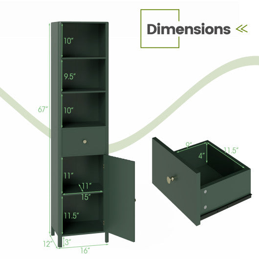 67 Inch Tall Bathroom Cabinet Narrow Floor Cabinet with Fluted Door-Green