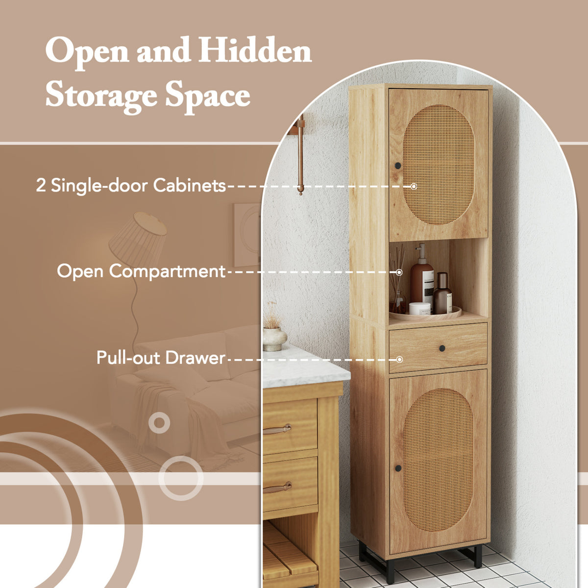 67 Inch Tall Bathroom Cabinet PE Rattan Floor Cabinet with 2 Doors-Natural