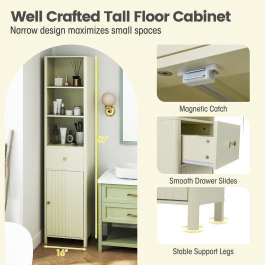 67 Inch Tall Bathroom Cabinet Narrow Floor Cabinet with Fluted Door-Beige