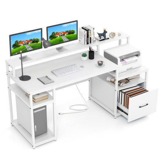 67 Inch Computer Desk with Monitor Stand & File Drawer-White
