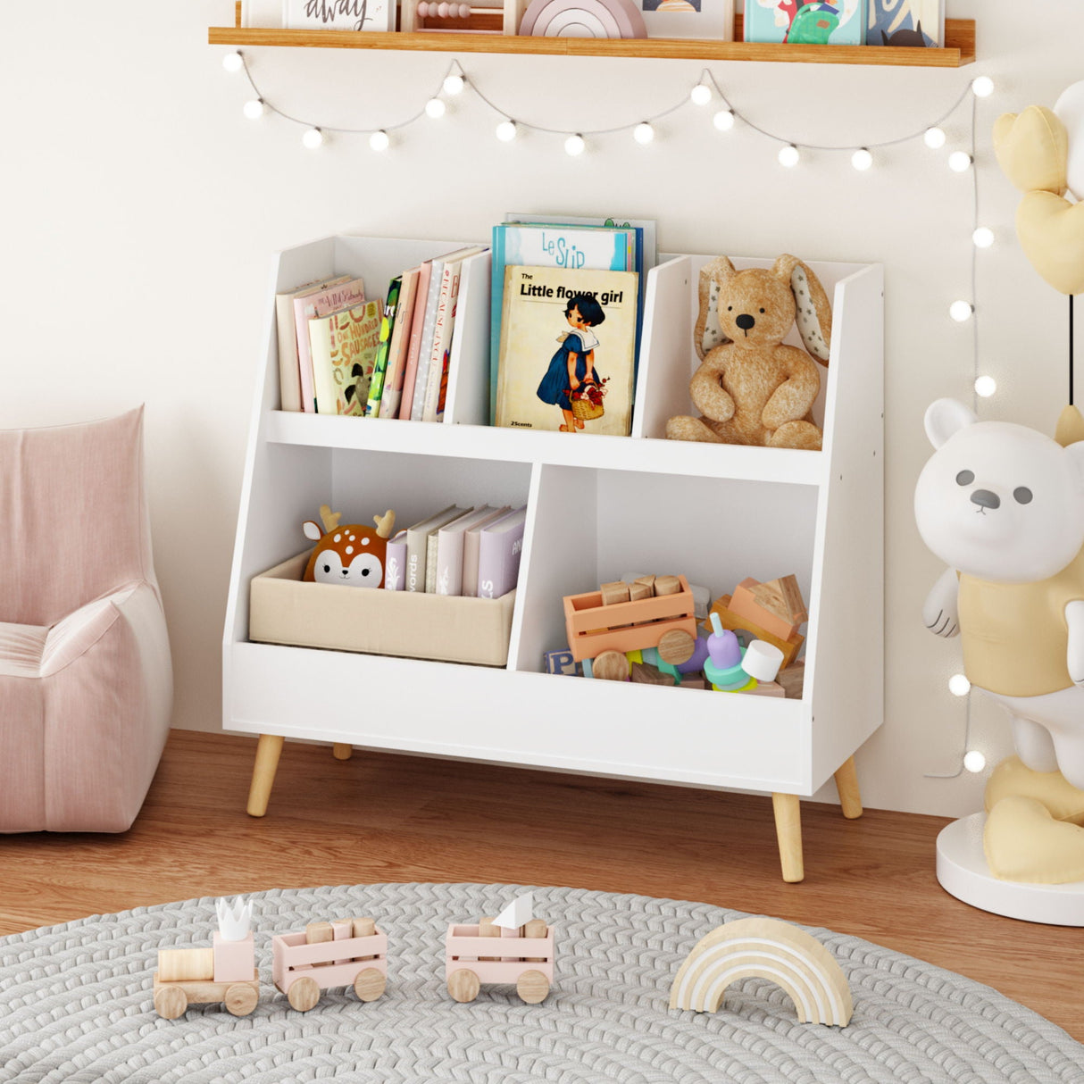 Kids Bookshelf And Toy Organizer, 5 Cubbies Wooden Open Bookcase, 2-Tier Baby Storage Display Organizer With Legs, Free Standing For Playing Room, Bedroom, Nursery, Classroom - White by Couch.com
