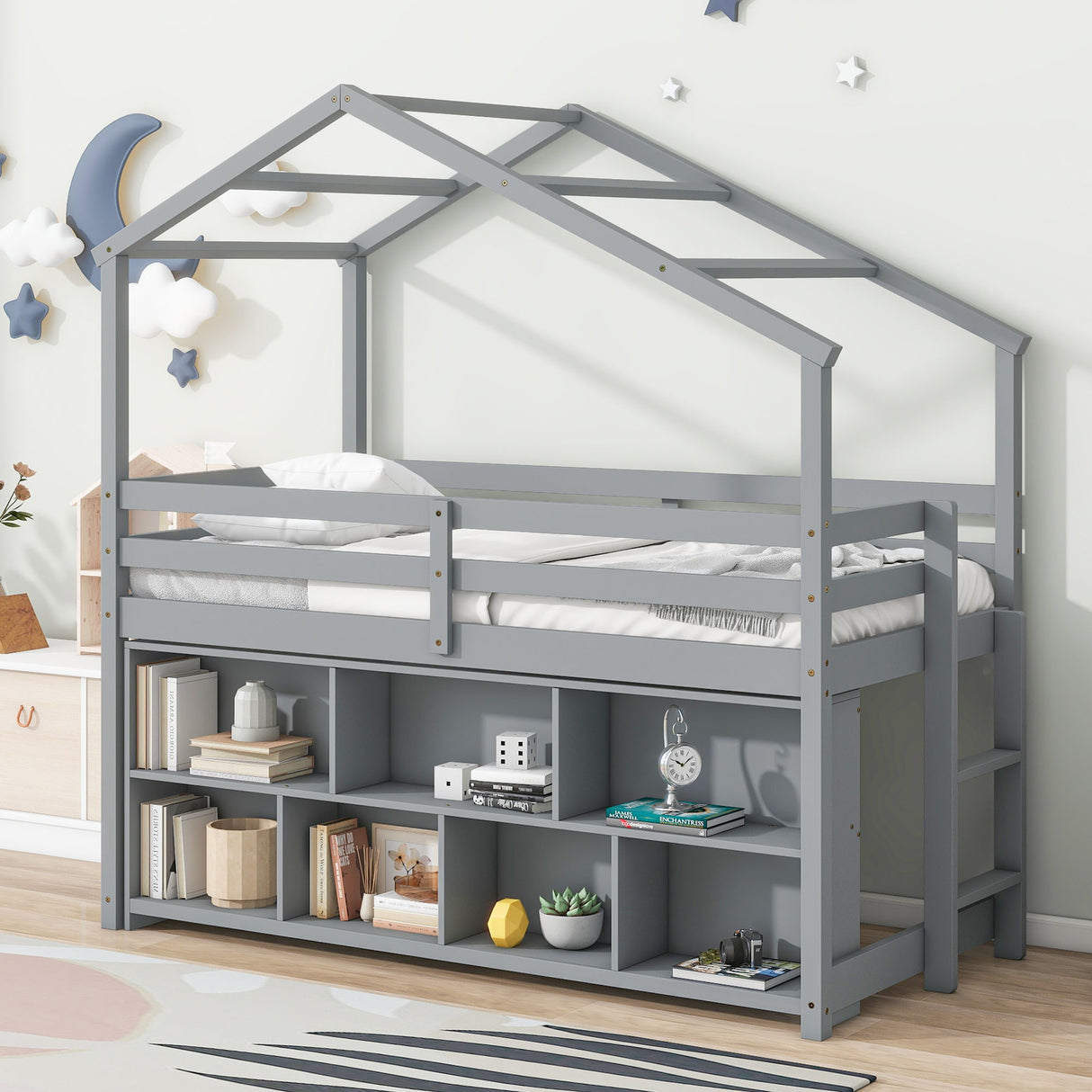 House Loft Bed With Roof Frame, Under Bed Shelving Storage Unit, Guardrails, Ladder by Couch.com