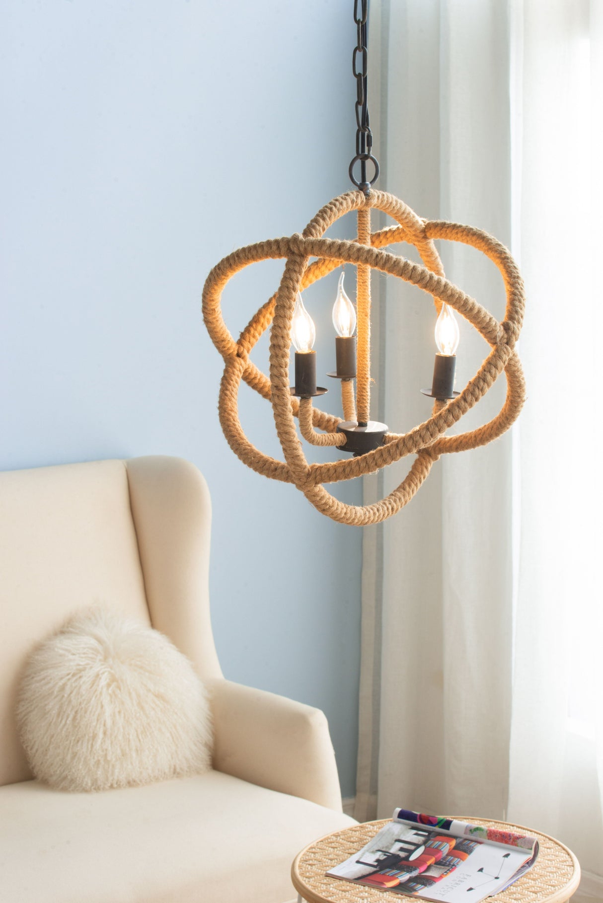3 Light Farmhouse Chandelier, Rope Chandelier Globe Hanging Light Fixture With With Adjustable Chain For Kitchen, Bulb Not Included - Beige Brown by Couch.com