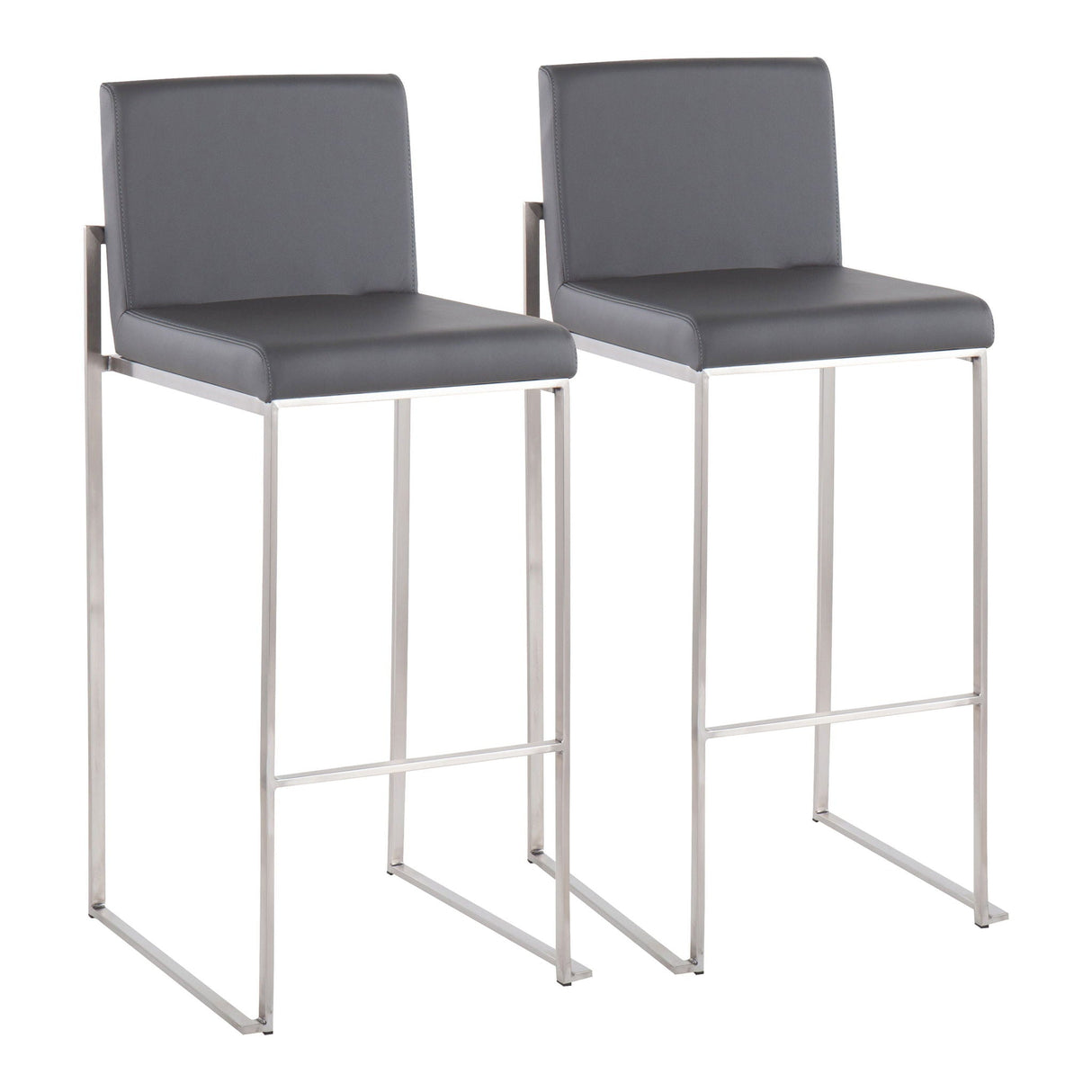A pair of Fuji Contemporary and Modern Elegance High Back Barstools with gray cushioned seats, stainless steel legs, and footrests are placed side by side on a white background.