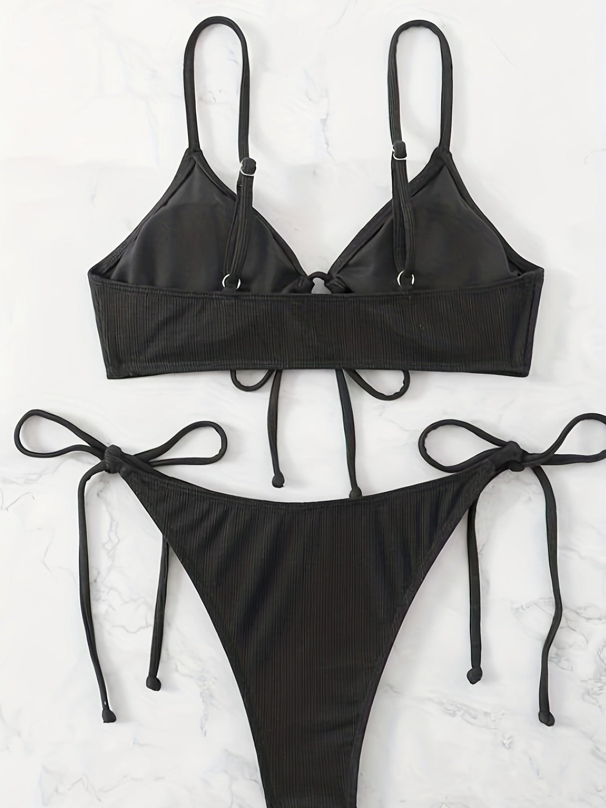 Bikini Solid Rib Knit 2 Piece Swimsuit – Ring Link Tie Front Triangle Bikini Set for Women – Hollow Out High Stretch V-Neck Top with Tie Side Bottoms – Trendy Beach & Pool Swimwear for Summer